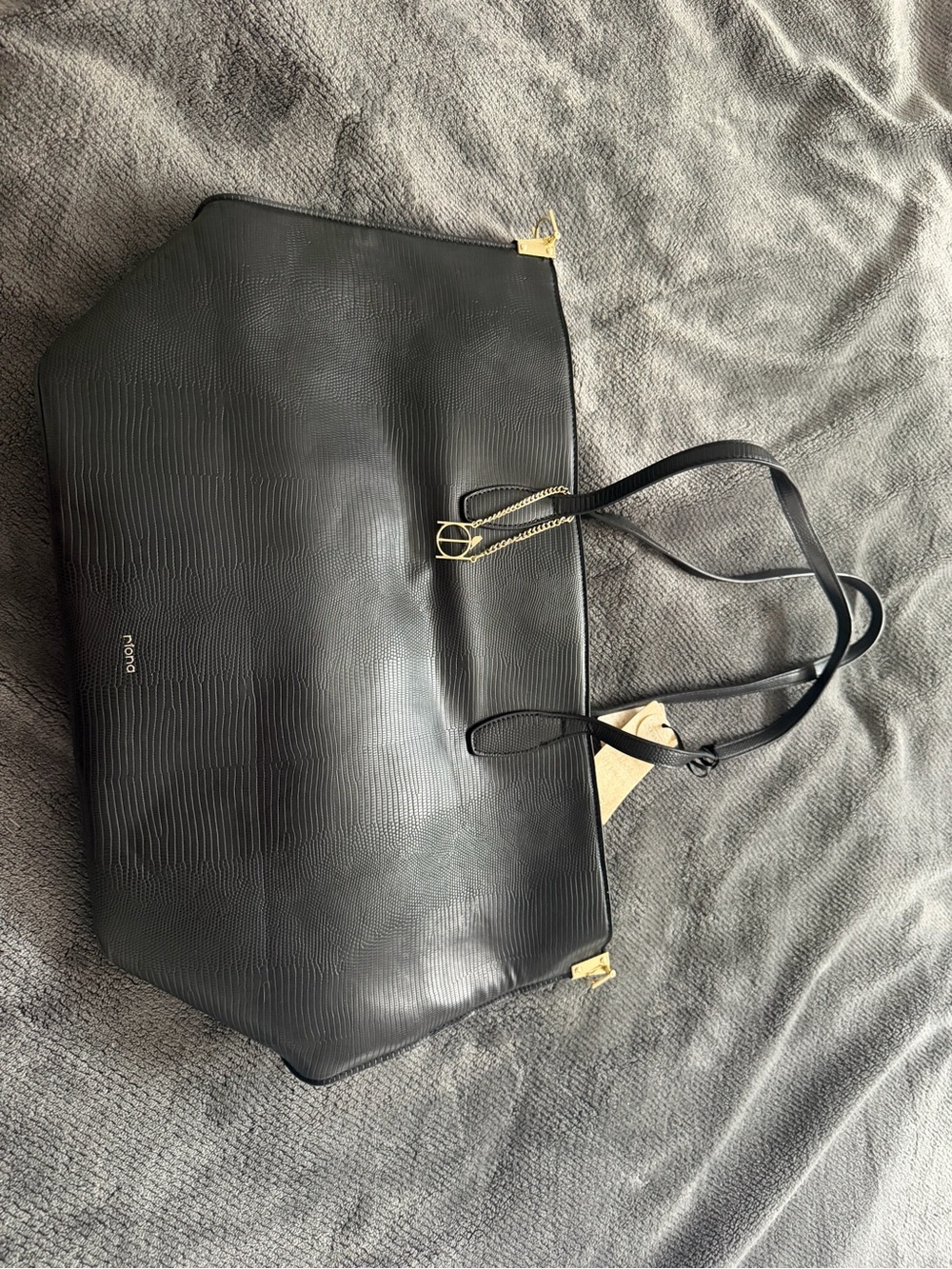 Large Black Faux-Lizard Tote with Gold Accents